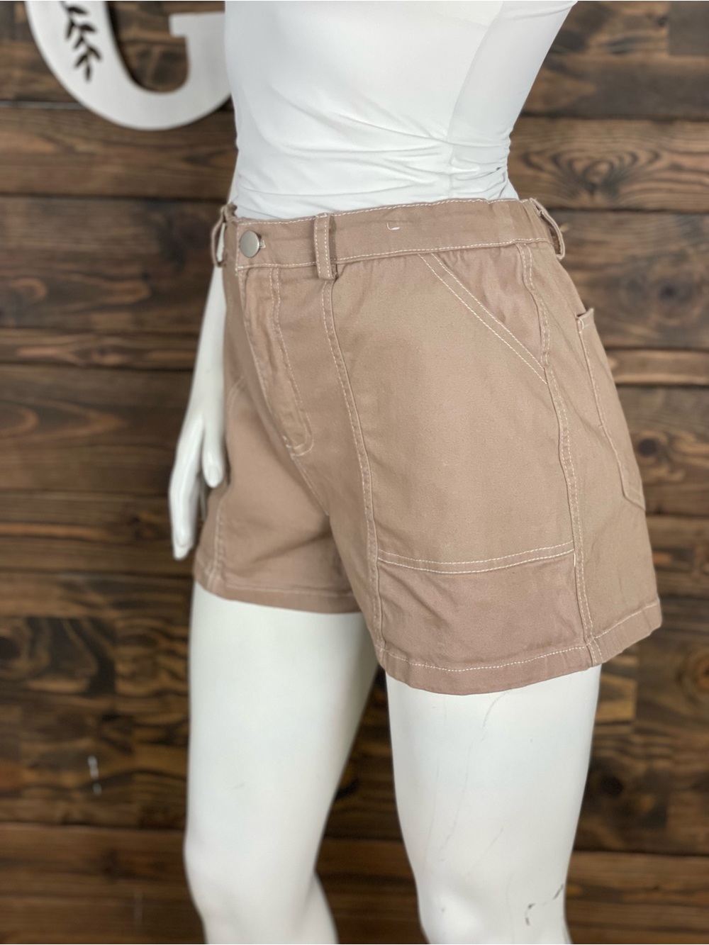 Rachel Paige | Everyday High-Rise Utility Bermuda Shorts Taupe Stitching Elastic